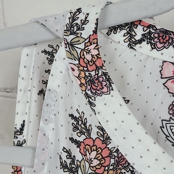 LOFT Ivory Floral Shirred Shell Polka Dot Sleeveless Blouse Women's Keyhole Top - Picture 5 of 11